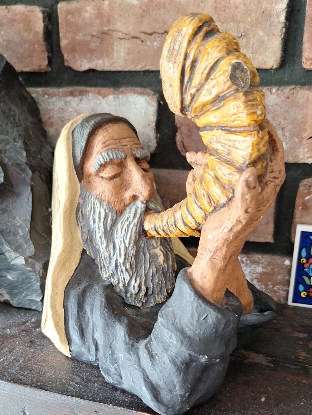 Hand-Painted Shofar Player Sculpture in Yellow and Gray